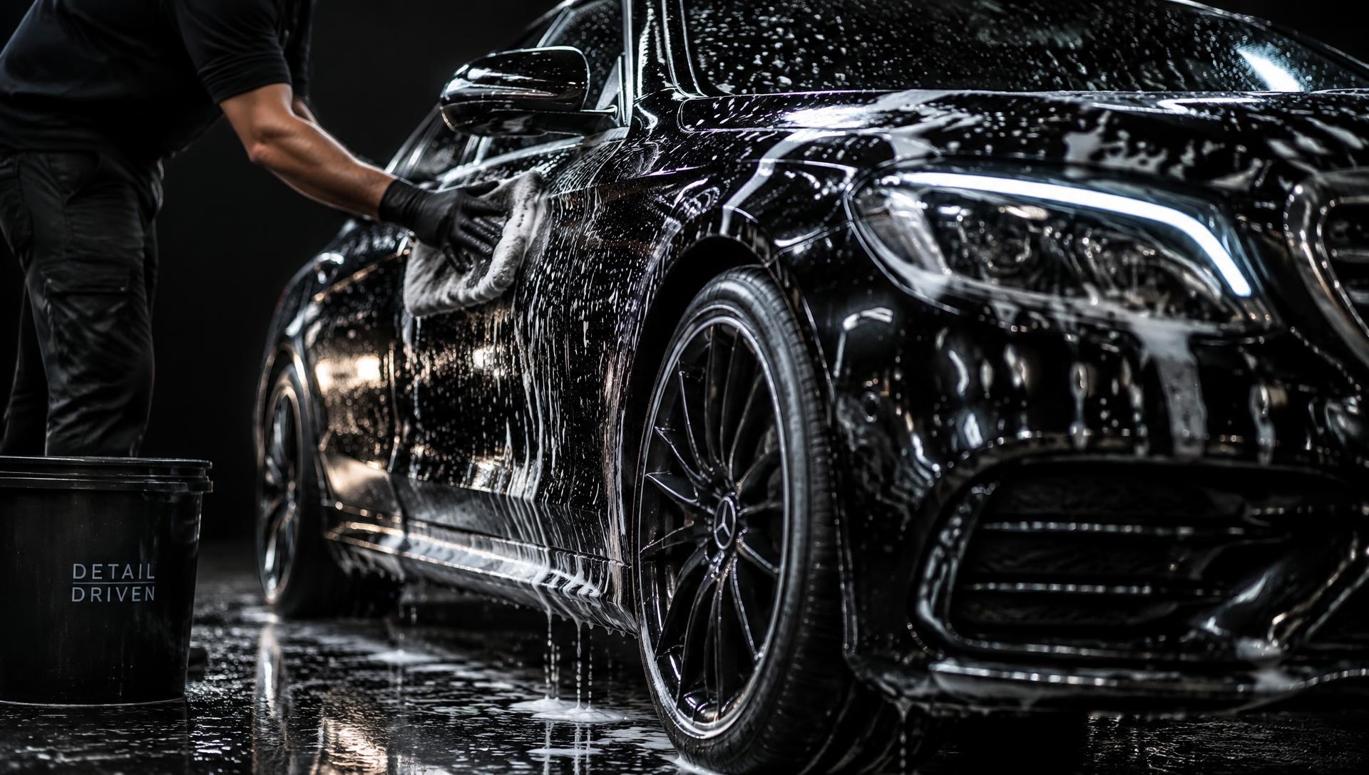 Team member hand washing a black luxury sedan with a microfiber mitt